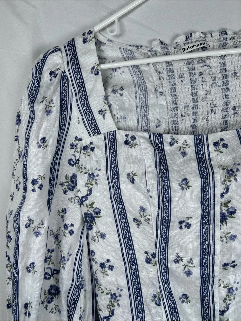 Reformation Floral Linen Crop Top Women’s Size 0 White Blue Sustainable